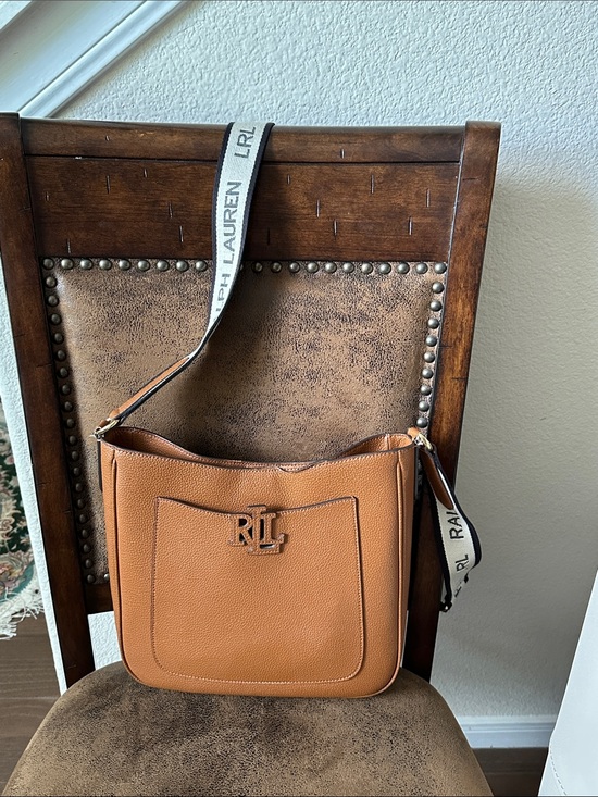 Ralph Lauren Handbags - Ralph Lauren Cognac Leather Crossbody with Branded Canvas Strap